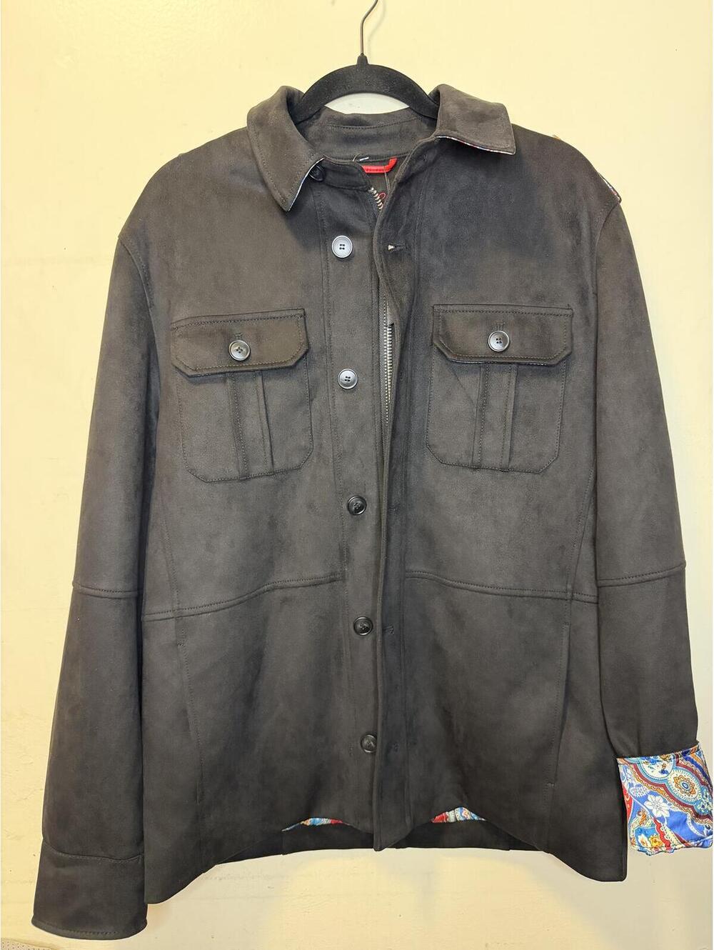 Robert Graham Men's Black Suede Button-Up Jacket with Colorful Lining